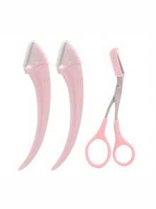 3件套修眉器套装，不锈钢弯头修眉刀，带梳子，适合初学者，任何肤质适用，男女通用脱毛配件，弯头修眉器