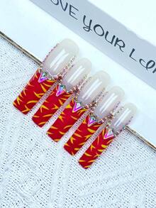 10 buc Y2K, unghii franțuzești extra lungi, acoperire completă, unghii false, lucrate manual, cu decor 3D cu diamant strălucitor în formă de apă, model desenat manual, perfecte pentru nunți, petreceri, Ziua Îndrăgostiților, zile de naștere, cadouri de Crăciun, unghii reutilizabile extrem de potrivite, 1 buc. gel jeleu/1 buc. mini benzi de frecare, set unghii detașabile, potrivite pentru doamne și fete pentru petreceri de sărbători și purtare zilnică, produse pentru unghii. - Multicolor - Vizualizare 2