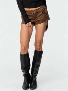 Women Y2k Studded Belt Micro Shorts Low Rise Rivet Faux Suede Shorts Buckle Mini Bottoms Punk Streetwear - 棕色 - 查看 1