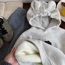 2-5岁男童连帽卫衣，2025冬季新款，加厚抓绒带耳朵设计