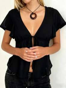 Women's Summer Tie Front Tops Short Sleeve Deep V Neck  Solid Color Sheer T-Shirt - màu đen - Xem 4