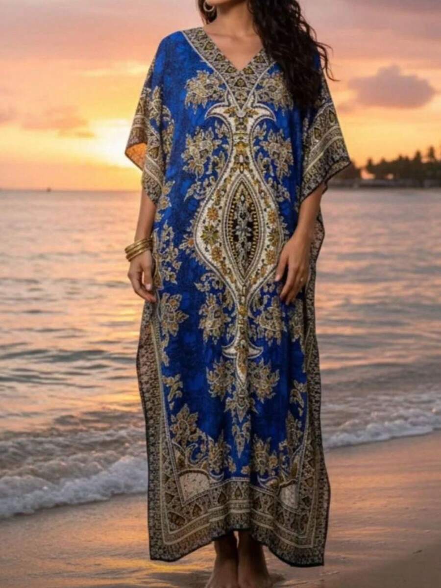 Long Kaftan, Split Fabric, Drawstring Dress, Beach, Vacation. - Blue - View 1