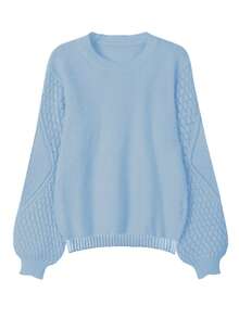 Áo len dài tay cổ tròn màu trơn thường ngày cho nữ, mùa thu/đông - Màu xanh lam - Xem 2