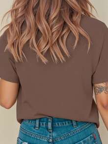 Howell 多功能印花短袖T恤，女士休闲迷人花朵图案圆领印花T恤，夏季女士上衣 - 棕色 - 查看 2