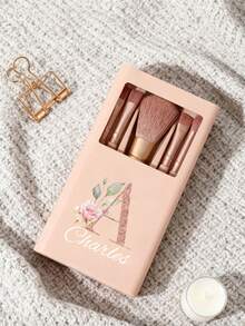 5 pièces/set Ensemble de pinceaux de maquillage portable personnalisable avec miroir, lettres de A à Z, imprimé avec un motif floral simple, ensemble de pinceaux de maquillage en boîte, pinceau de maquillage multifonction avec boîte à miroir, mini stylo de maquillage multifonction, pinceau de fond de teint - multicolore - Voir 2