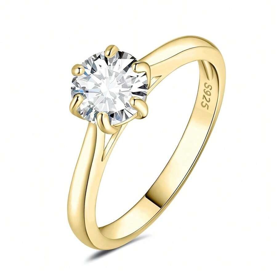 JewelryPalace Classic 0.5-2ct Round Cut Moissanite Solitaire Engagement Rings For Women, 14K White Yellow Rose Gold Plated 925 Sterling Silver Promise Ring, Simulated Diamond Anniversary Rings D-F VVS,YellowGoldPlated7 - 鍍金7 - 查看 1