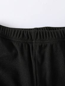2pcs/Set Pakaian Anak Perempuan Modis: Sweatshirt Lengan Panjang Berkerut dengan Pita dan Celana Panjang Model Lebar, Musim Semi/Gugur - Hitam - View 9