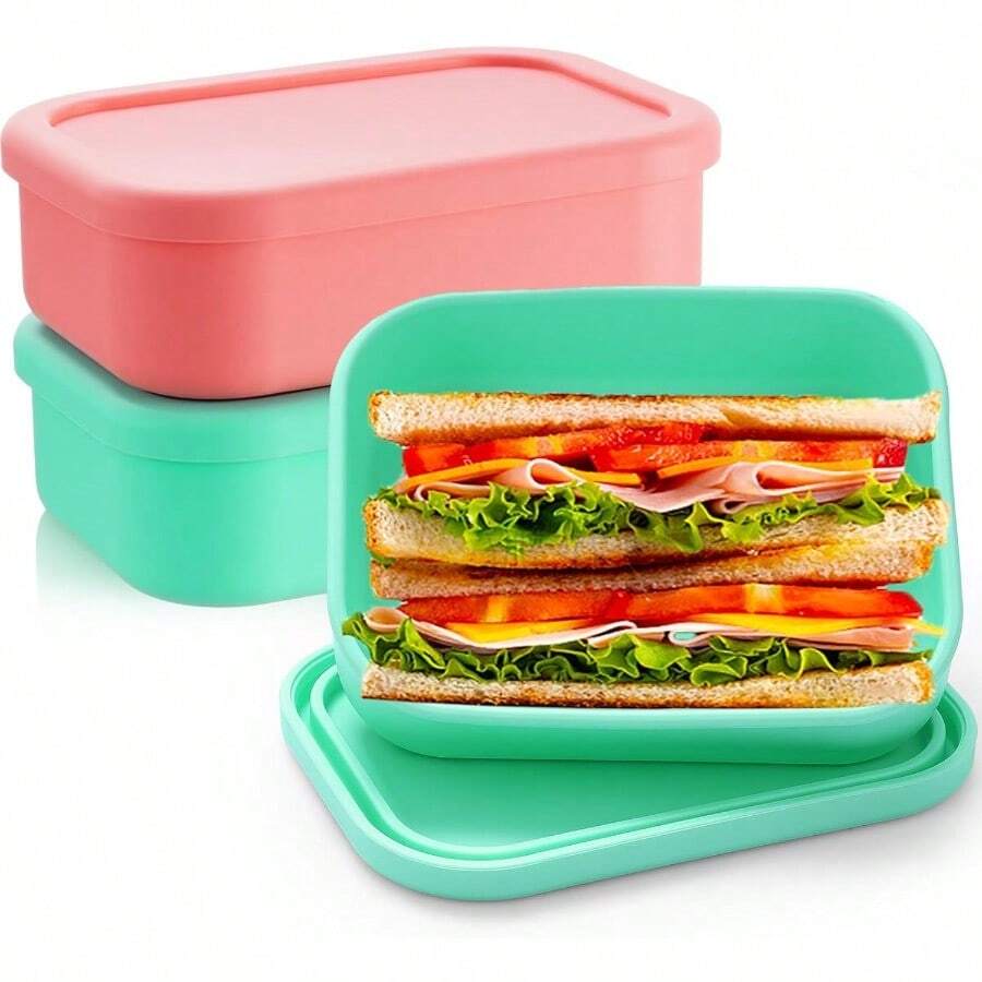 Silicone Bento Box Lunch Box 23.7 Oz Reusable Sandwich Containers Food Storage With Lids Airtight For Meals Snacks Dishwasher Freezer  Mint Green Pink 2 Pcs - 薄荷綠粉紅色 - 查看 1