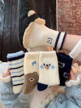 1/3/5 pares de calcetines de media caña cómodos y versátiles de mujer con doble capa y oso de peluche multicolor para el hogar