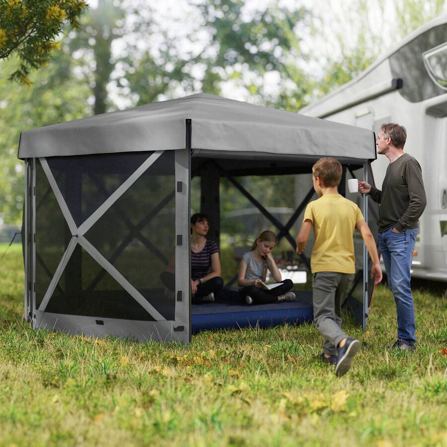 12' X 12' Hexagonal Pop Up Gazebo, Outdoor Canopy Tent - Xám đậm - Xem 1