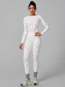 NcmRyu 1 Set Women Elastic Round Neck Printed Long Sleeve Tight Pants Sportswear Set - White - View 7