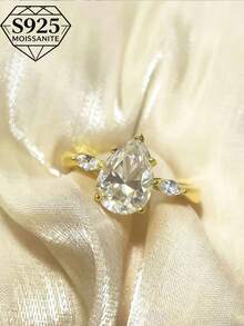 1枚2克拉梨形莫桑石戒指，S925低敏纯银材质，优雅法式精致珠宝，订婚/结婚周年纪念礼物，感恩节/圣诞节礼物，附赠精美礼盒 - 金色 - 查看 6