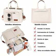 Lumbor37 Bolsa de Lona para Mujer con Hebilla, Tote Bag Cruzada para Oficina, Bolsillo con Cremallera Integrado, Viajes, Bolso Escuela - Blanco - Ver 3