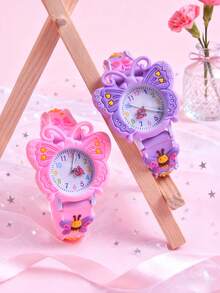 2pcs/Set Girls 3D Butterfly Soft Silicone Band Pointer Watch, Student Creative Rotating Butterfly Pointer Quartz Wrist Watch - Multicolor - View 6