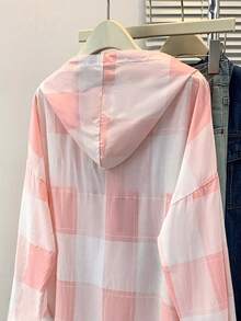 Camisa con capucha de manga larga a cuadros casual para mujer, con botones delanteros, adecuada para otoño, invierno, primavera, escuela, fiesta, rosa - Rosa - Ver 7