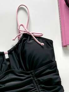 新款女士优雅可爱甜美学院风黑粉色连体泳衣，抽绳打结，不对称/前系带蝴蝶结，适合海滩度假邮轮夏季穿着 - 黑色 - 查看 4