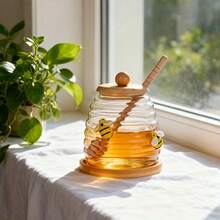 1pc 10/14/17oz Glass Honey Jar With Bee Pattern, Glass Cup With 1 Wooden Stick, 1 Wooden Lid, 1 Wooden Bottom, Transparent Honey Storage Container, Bee Decor, Suitable For Syrup Storage, Home, Wedding, Party, Kitchen - Multicolor - View 3