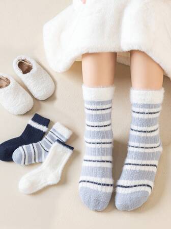 3双装儿童冬季保暖绒袜，柔软撞色休闲中筒袜，适合3-12岁女孩，日常穿着休闲皆宜