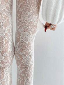 1 Pc Plus Size Women Stockings Colorful Mesh Long Stockings Floral Pattern Transparent Hollow Out Mesh Womens Tight Sexy Stockings Y2K Suitable For Daily Wear And Gifting To Partners Friends Christmas Halloween Best Gifts 80 200 Pounds - trắng - Xem 4