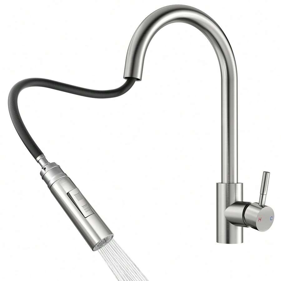 Ausziehbarer Küchenwasserhahn mit Brause - Hochdruck-Armatur, 360° drehbar, Edelstahl - Gebürstetes Nickel - Übersicht 1