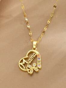 1件可爱精致的金色不锈钢心形套装，镶嵌锆石字母吊坠项链，青少年派对宴会珠宝礼物，心形项链 - 彩色 - 查看 1