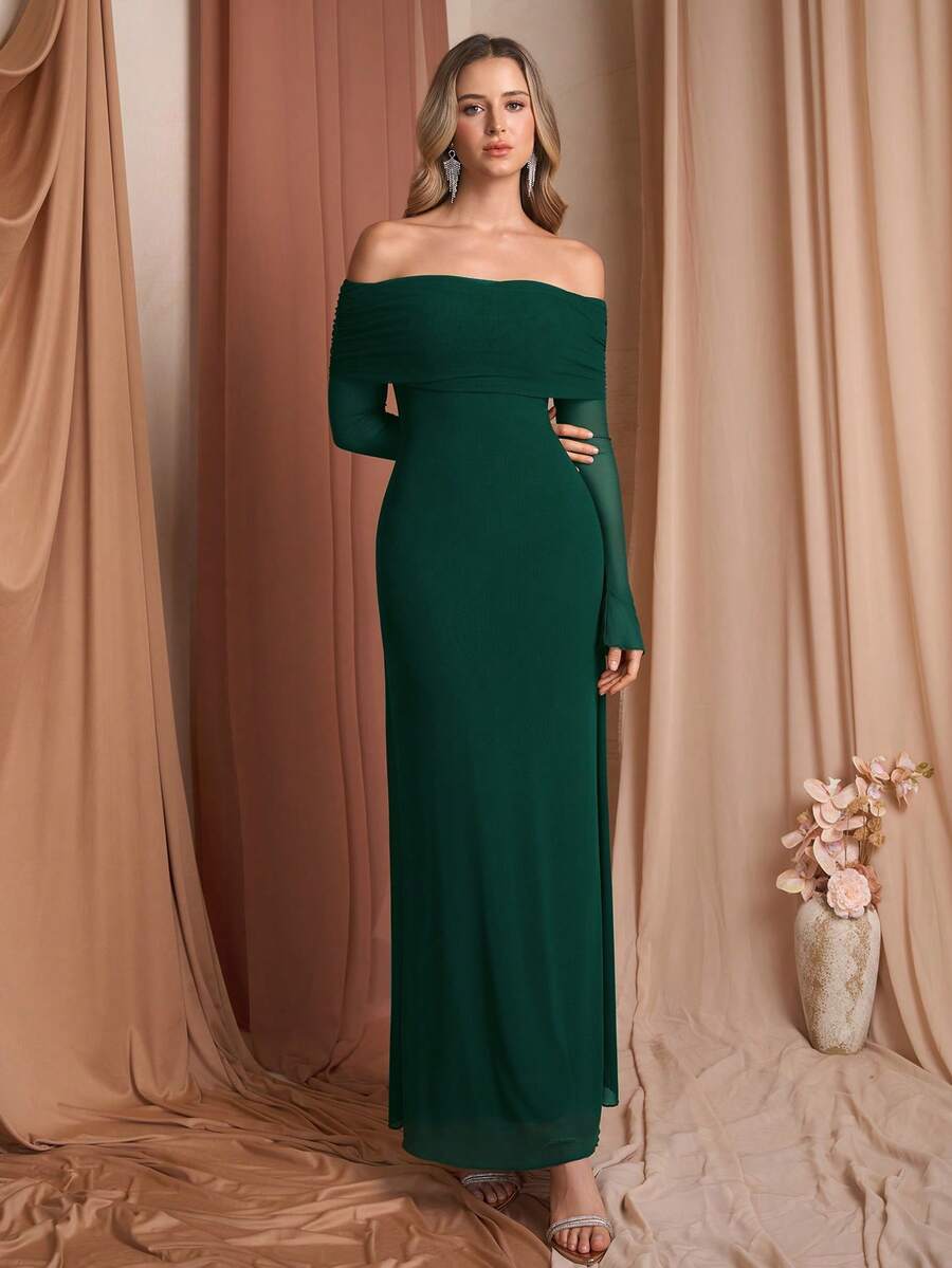 PARTHEA Elegant Party Solid Color Off-Shoulder Mesh Maxi Dress