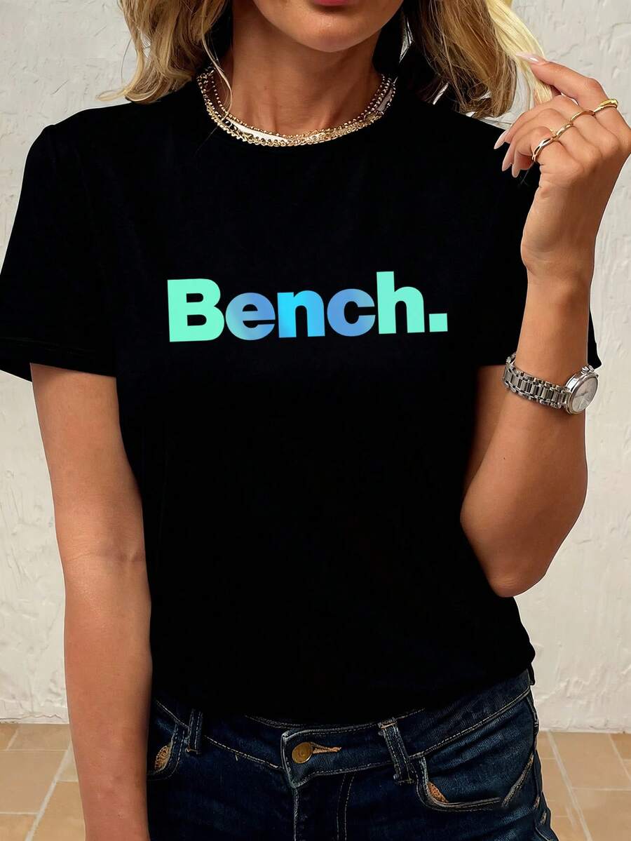 Howell Ladies' Large-Sized Casual Short-Sleeved T-Shirt With Eye-Catching Bench Pattern Print - A Blend Of Elastic Polyester And Spandex, Y2K Sporty Style, Round Neck, Machine-Washable For Spring And Summer Outdoor Wear, Daily Comfortable Loose Version - Black - View 1