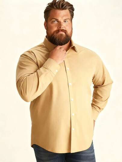 Plus Size Men's Long Sleeve Casual Khaki Shirt, Multi-Color Long Sleeve Shirt