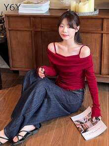 Y6Y 2025新款圣诞红色露肩长袖女式针织毛衣，荷叶边修身套头衫，适合秋冬季穿着 - 紅色 - 查看 9