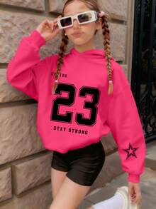 Teen Girl Letter Print Casual Long Sleeve Sweatshirt, Back To School - Hot Pink - View 6