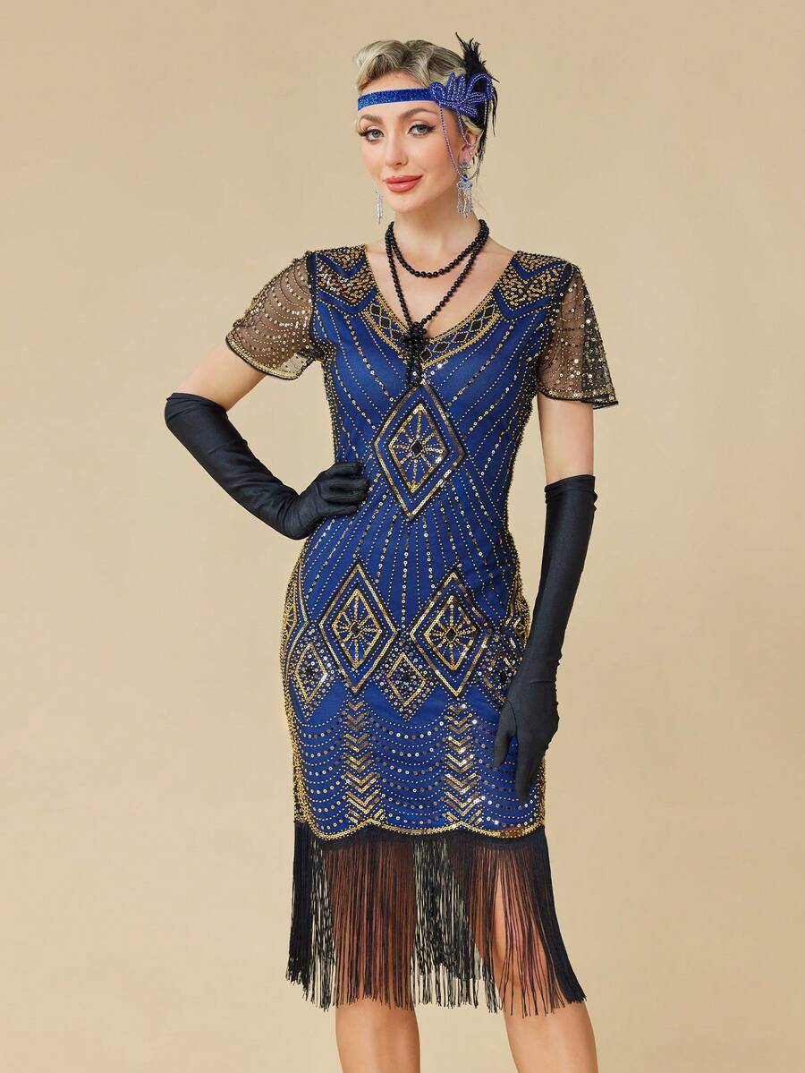 Váy Flapper thập niên 1920, Váy Great Gatsby thời kỳ Roaring 20s dành cho nữ, Váy cưới tay voan đính hạt cườm tay dài mùa xuân