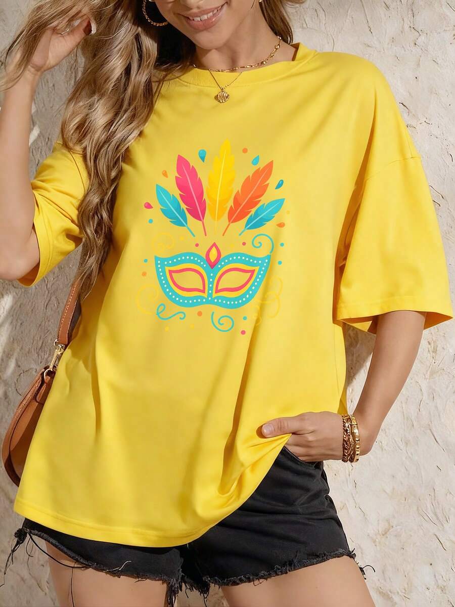 camisetas estampadas mujer playeras carnavaleras para mujer Camiseta de Carnaval Puro para Mujer con Diseño y Enmascarado Veneciano - Colores Vibrantes del Día Gras, Confort Transpirable Todo el Año Atuendo Casual e Ideal Para Fiestas, ¡Ropa Disfrazable casual,blusas para mujerEs un gran regalo para la familia, los amigos, los novios y las novias - Amarillo - Ver 1