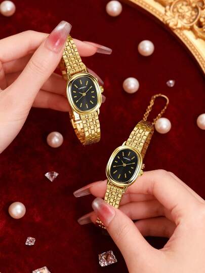 LIANDU 1条可拆卸不锈钢表带，复古休闲时尚迷你椭圆形女士石英表，椭圆形表壳，附赠礼盒，适合日常佩戴、生日礼物、派对、节日聚会，是送给自己或朋友的理想礼物。