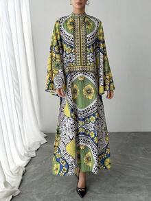 1 chiếc đầm nữ, in hoa toàn thân, tay áo hình lá sen lớn, khóa kéo sau, đầm dài màu vàng kiểu dáng thường ngày, đầm Ả Rập thanh lịch dành cho nữ, đầm dạ hội sang trọng cho các lễ hội và kỳ nghỉ, trang phục Ả Rập, áo choàng dài mùa thu đông cho nữ dịp Eid - Màu vàng - Xem 4