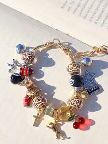 1pc Leopard Print Billiard Ball Charm Bracelet, 1pc Cherry Cross Music Festival Bracelet, 1pc Leopard Print Star Girl Bracelet - Silver - View 9