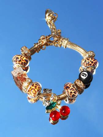 1pc Leopard Print Cherry #8 Billiard Ball Charm Bracelet, 1pc Leopard Print Heart Bracelet, 1pc Leopard Print Panther Bracelet, 1pc Leopard Print Star DIY Bracelet, Retro Music Festival Fashion Bracelet