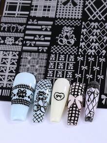 1pc Geometric Line Grid Nail Art Stamping Plate, Elegant Bow & Cherry Pattern Steel Nail Art Template, DIY Printing Nail Art Tool Accessory, Nail Art Supplies - Silver - View 4