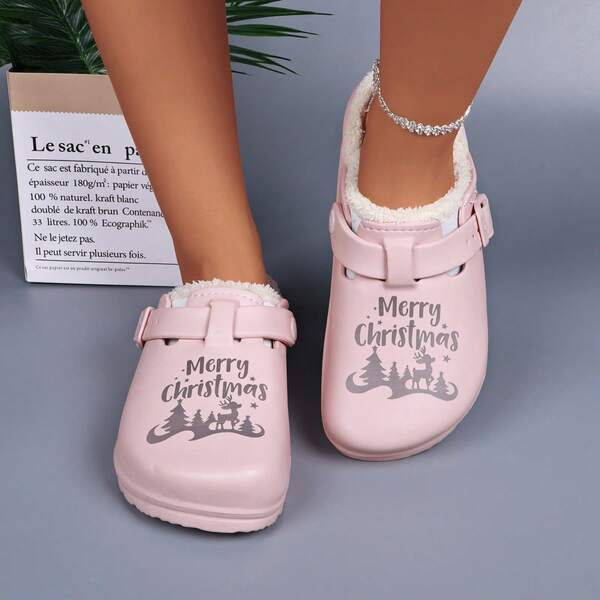 Plus Size Women's Christmas Pattern Slip-On Slippers, Adjustable Buckle, Warm Thermal Lined, Lightweight EVA, Anti-Slip, Comfortable Indoor Clogs