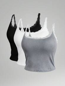 3件套女士黑白灰蕾丝罗纹背心，内置胸罩，修身短款吊带衫，Y2K风格上衣，可叠穿或单穿 - 彩色 - 查看 6