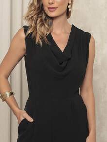 Women's Long Jumpsuit In Duna Fabric - Sophisticated Neckline, Sleeveless, And Side Pockets - Elegance And Comfort For Any Occasion - 黑色 - 查看 1