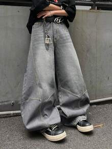 1pc Men's Distressed Vintage Wash Loose Fit Patchwork Design Straight Leg Jeans (Belt And Accessories Not Included) - Grey - View 7