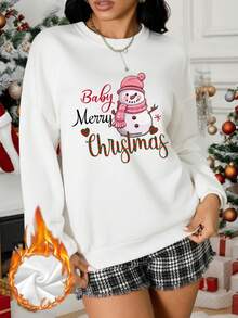 1 pièce Femmes Automne et Hiver Noël Décontracté Simple Imprimé Col Rond Large, Pull épaissi, Vêtements d'intérieur chauds Éléments de Noël Simple Slogan de Noël Imprimé Bonhomme de neige Vêtements d'intérieur décontractés - Blanc - Voir 2