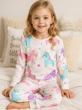 2pcs Girls Unicorn Print Pajama Set, Children Long Sleeve Sleepwear Suit, Round Neck Homewear Set