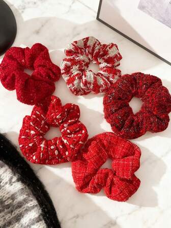 1pc Atmosphere Red Coarse Floral New Year's Small Fragrant Wind Hairband Women's High Grade Sensation Hair Tie Hair Rope Hair Rope Autumn/Winter Ponytail ,Hair Elastics ,Hair Rubber Bands ,Scrunchies