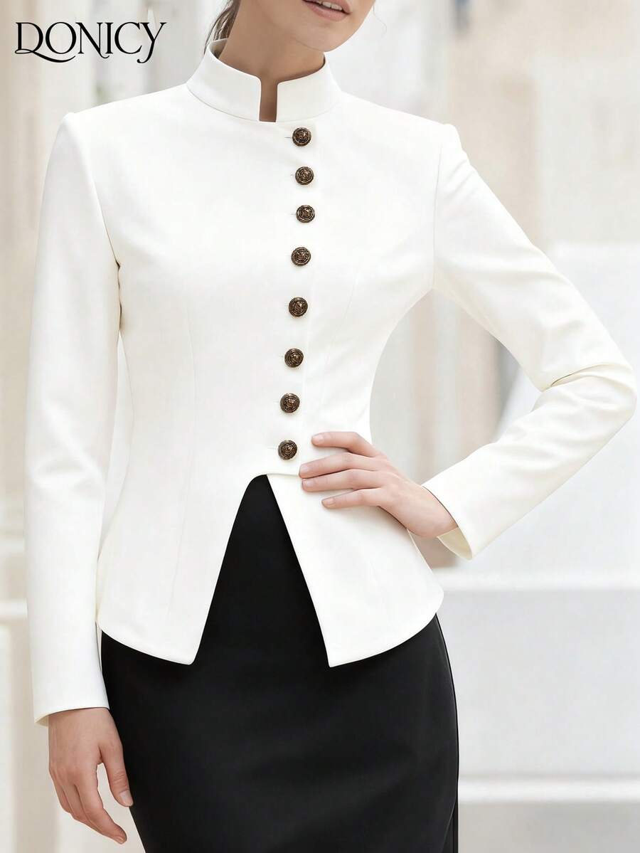 DONICY 女士纯色立领单排扣金属纽扣长袖短款外套，时尚经典复古优雅英伦风白色外套，适合日常休闲、约会、派对、商务场合。