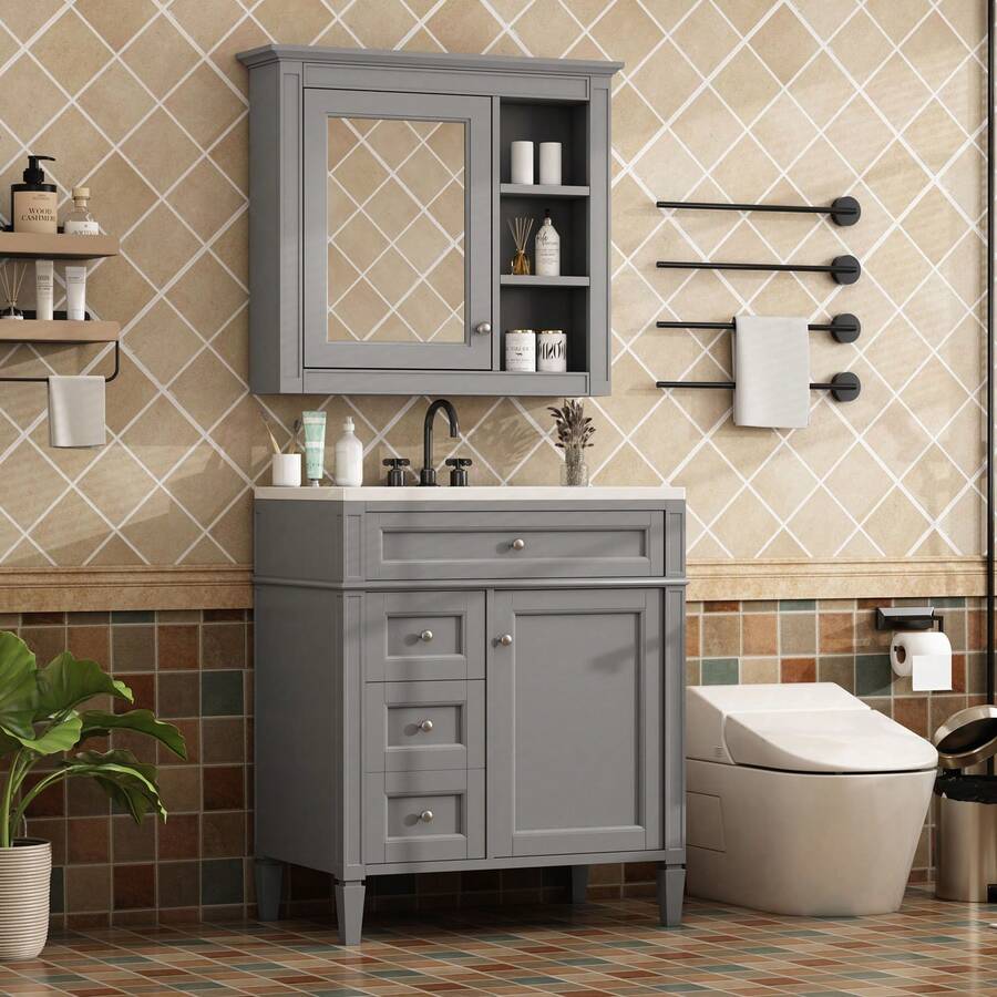 MERAX 30'' Bathroom Vanity With Top Sink, Modern Bathroom Storage Cabinet With 2 Drawers And A Tip-Out Drawer, Freestanding Vanity Set With Mirror Cabinet, Single Sink Bathroom Vanity,Grey - Grey - View 1