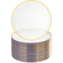 7/12/25/50个装透明塑料餐盘，厚实锤纹，金边装饰，包含10.25英寸餐盘和7.5英寸婚礼甜点盘。适用场合：日常用餐、婚礼、派对、生日派对、节日、迎婴派对、野餐、露营、周年纪念日。 - 透明金邊 - 查看 2