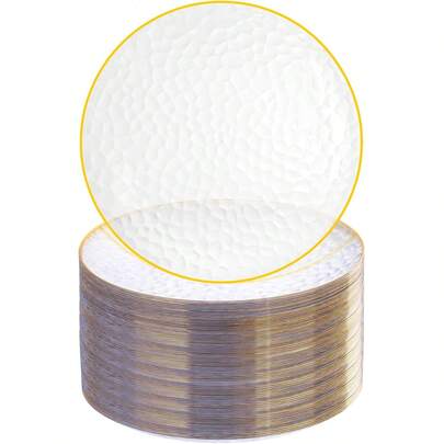 7/12/25/50pcs Transparent Plastic Plates, Heavy Duty Hammered Plates With Gold Rim, Includes 10.25" Dinner Plates And 7.5" Wedding Dessert Plates. Suitable For: Daily Dinner, Weddings, Parties, Birthday Parties, Holidays, Baby Showers, Picnics, Camping, Anniversaries