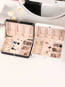 1个旅行双层首饰盒，PU皮革首饰收纳盒，按扣式首饰整理盒，便携式旅行首饰展示盒，多隔层首饰收纳盒，可收纳戒指、吊坠、耳环、项链等，适合海滩、浴室、卧室等场所，是送给女性的时尚礼物、生日礼物、万圣节礼物、圣诞节礼物的理想之选。 - 彩色 - 查看 8