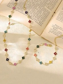 2pcs/Set Fashionable Sweet Copper-Inlaid Zirconia Oil Drop Flower Four-Leaf Clover Pearl Bracelet And Necklace Women's Jewelry Gift Elegant For Daily Wear, Gatherings, Holidays, Dates, Parties Versatile Accessory Set(Four-Leaf Clover Color Is Random) - Hollow Four-leaf Clover Set - View 13